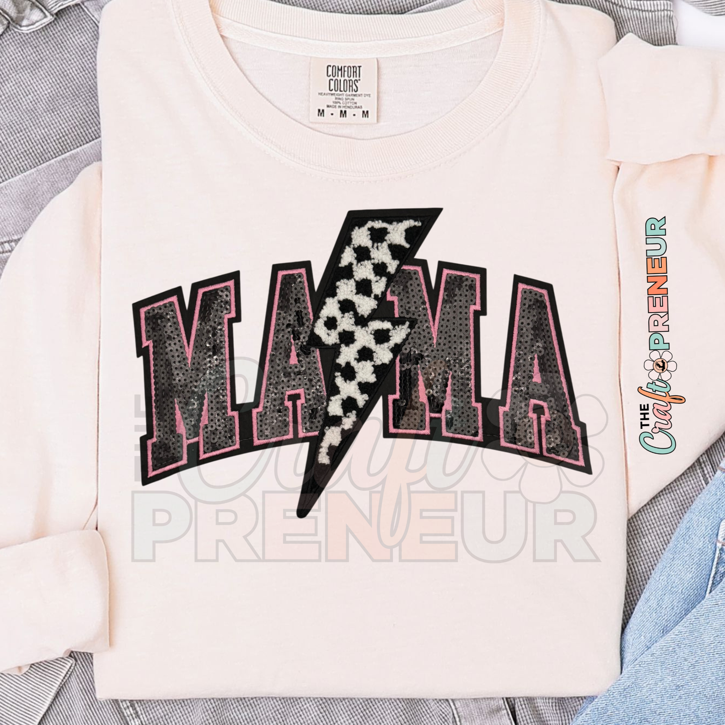 PATCH079 - Mama Checkerboard Lightning Bolt Sequin Chenille Iron On Patch