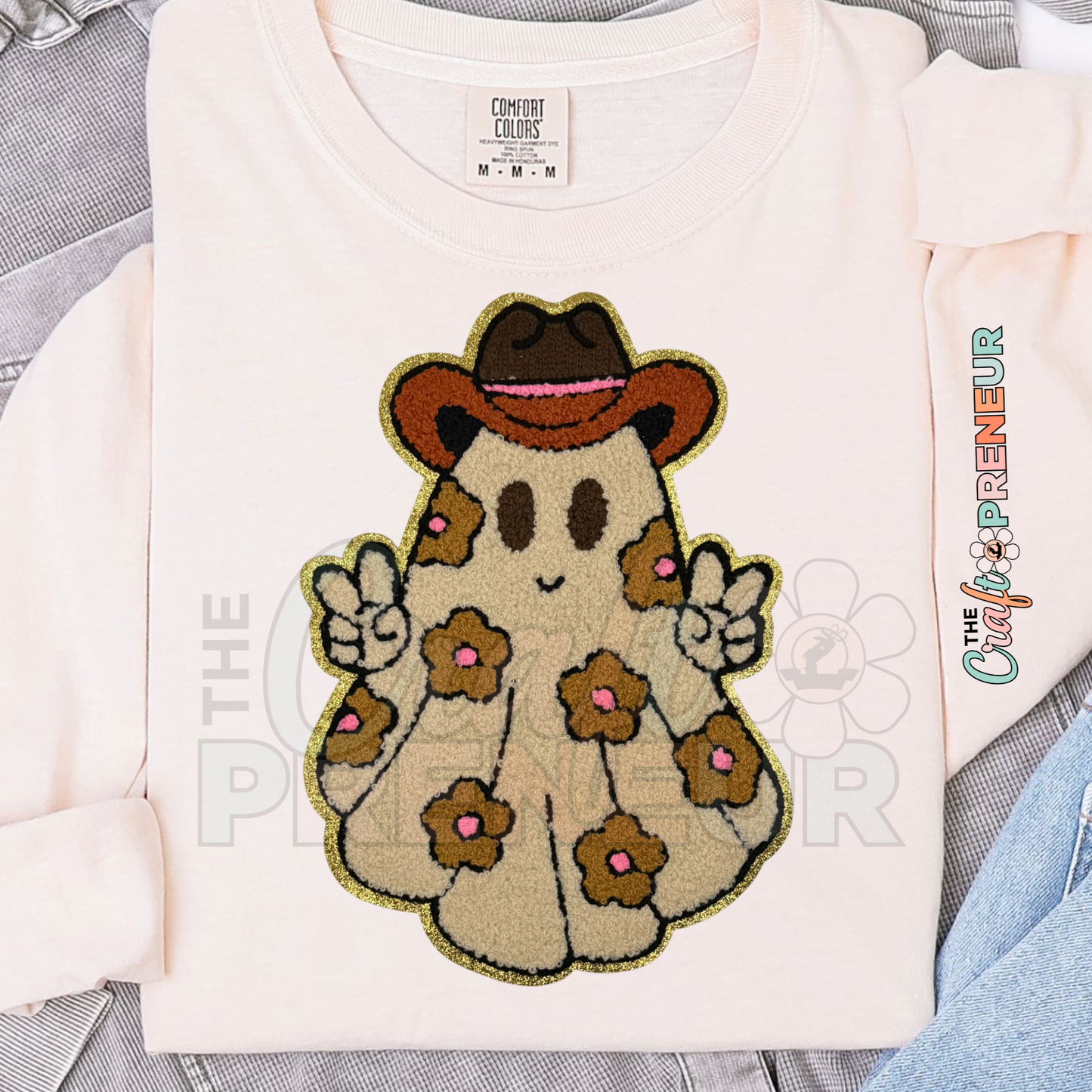PATCH081 - BoHo Spooky Season Cowboy Ghost with Flowers Chenille Iron on Patch