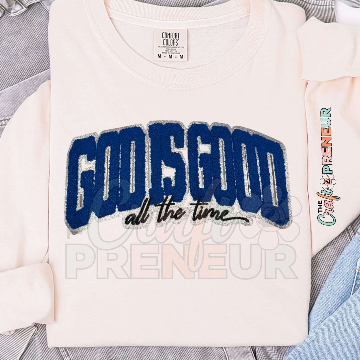 PATCH070 - God is Good Chenille Glitter Iron on Patch (Royal/Silver)