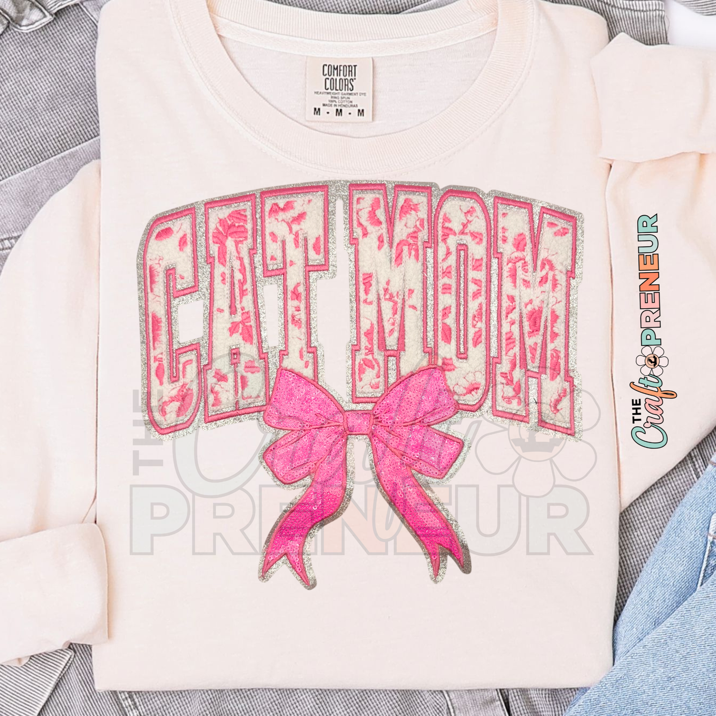 PATCH076 - Cat Mom Varsity Toille Coquette Bow Iron on Patch