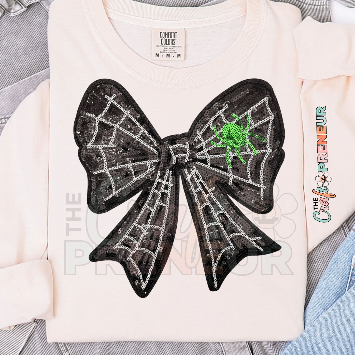 PATCH074 - Spooky Season Spiderweb Sequin Coquette Bow Iron on Patch