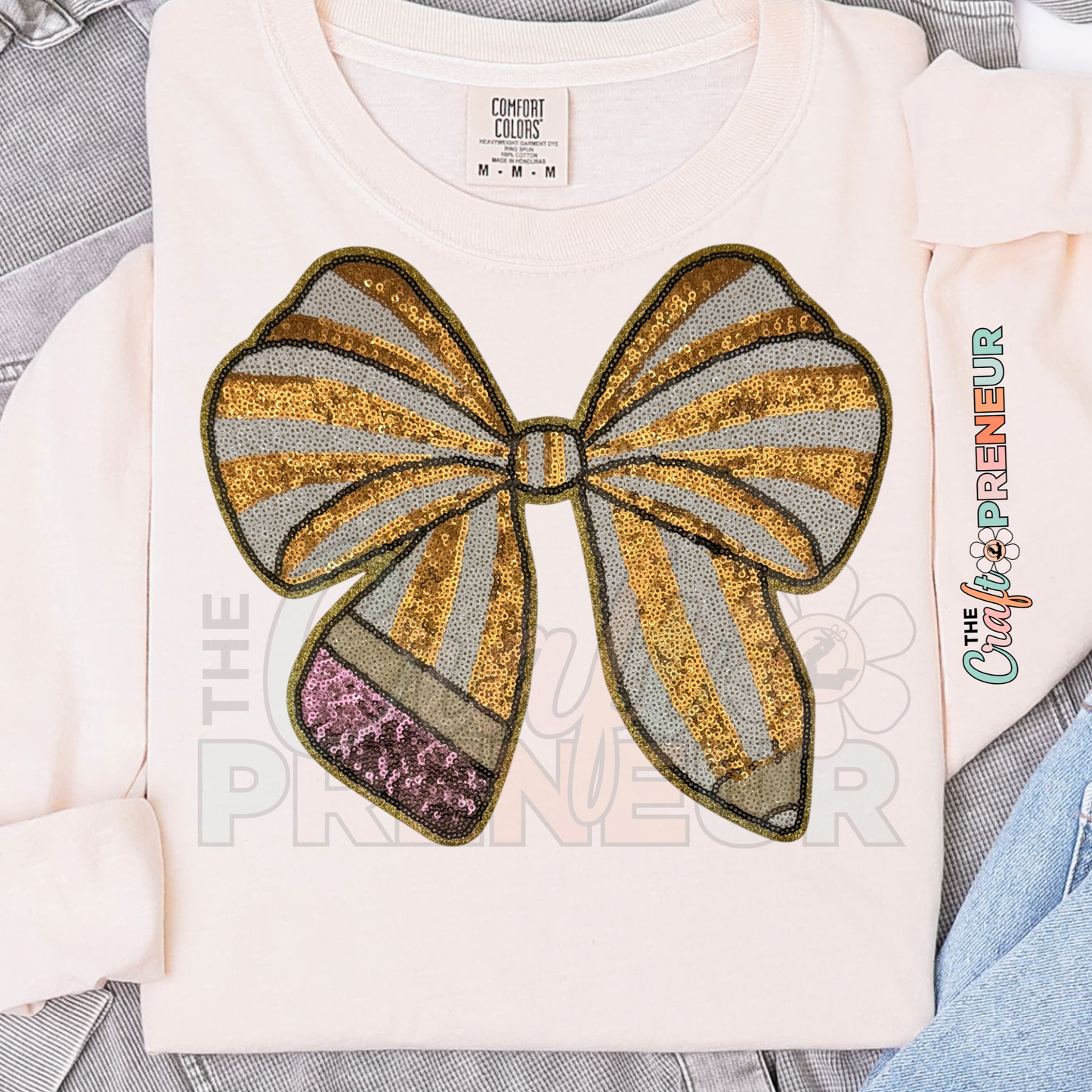 PATCH057 - Teacher Sequin Pencil Bow (Striped)