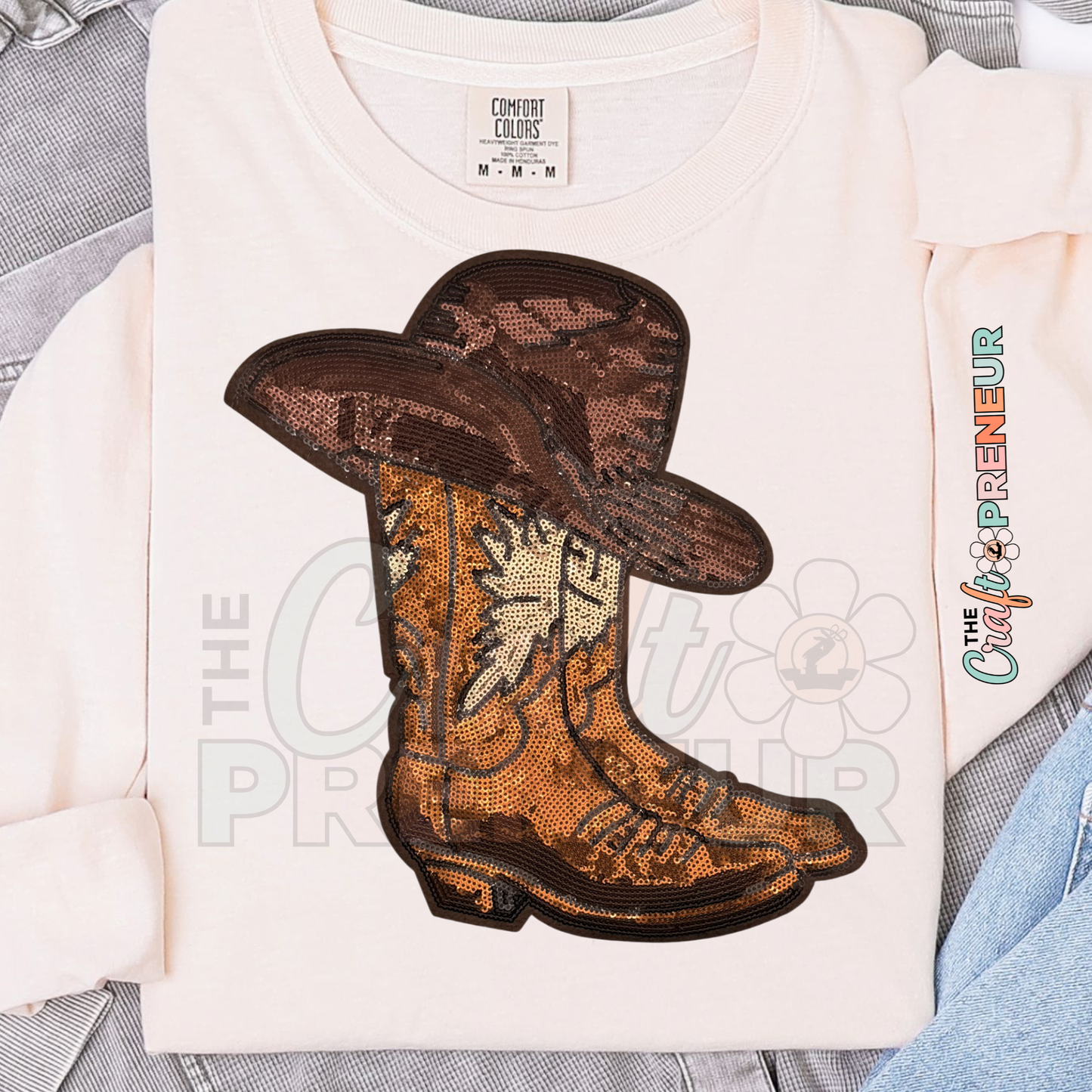 PATCH068 - Sequin Leather Cowboy Boots and Hat Iron on Patch