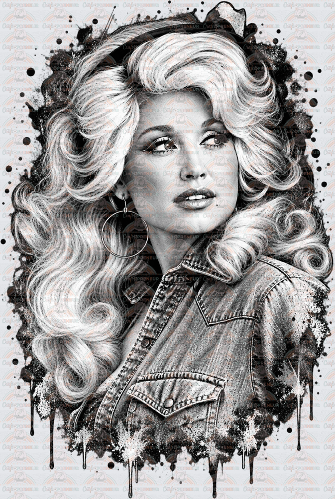 Music_Country Music_Dolly Parton_Face Drip_Black and White_Blowout