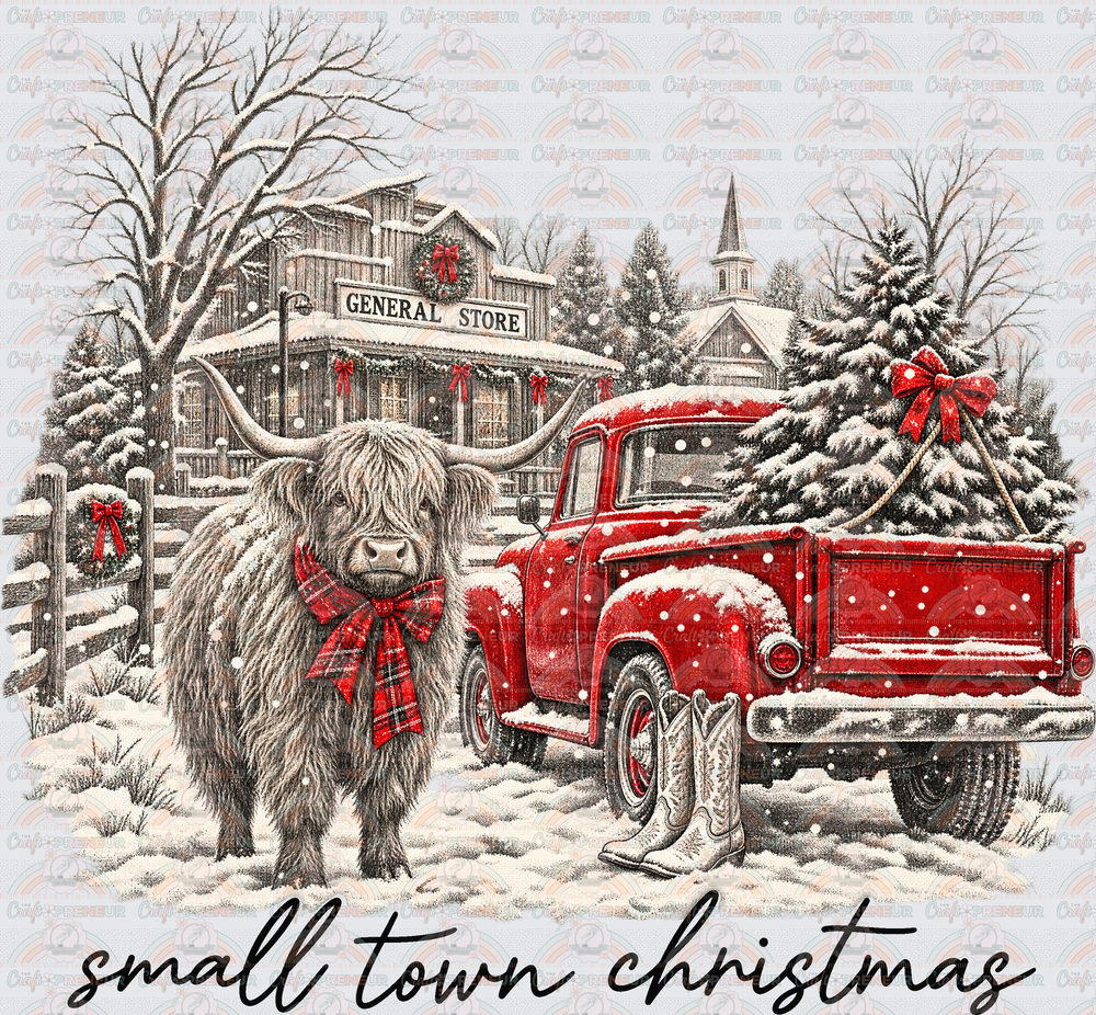 XMAS_Red Truck_Highland Cow_Small Town Christmas_Snow_Winter_Christmas Tree_Black