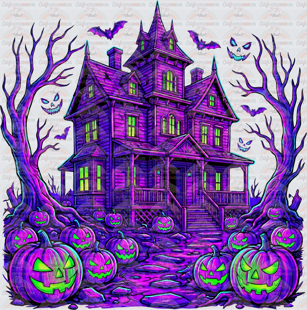 002_Halloween_Neon_Haunted House_Witchy_Bats_Trees_Black_Back