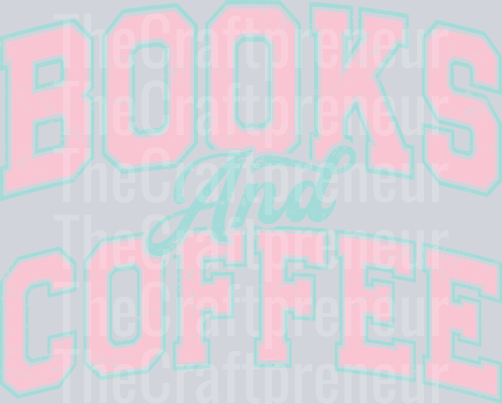 Books & Coffee Varsity Distressed Pink DTF Transfer