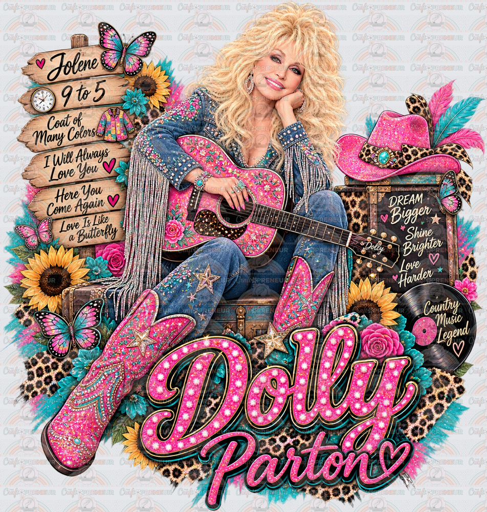 Music_Country Music_Dolly Parton_Pink Guitar_Name in Lights_Big Hair Cowgirl Boots