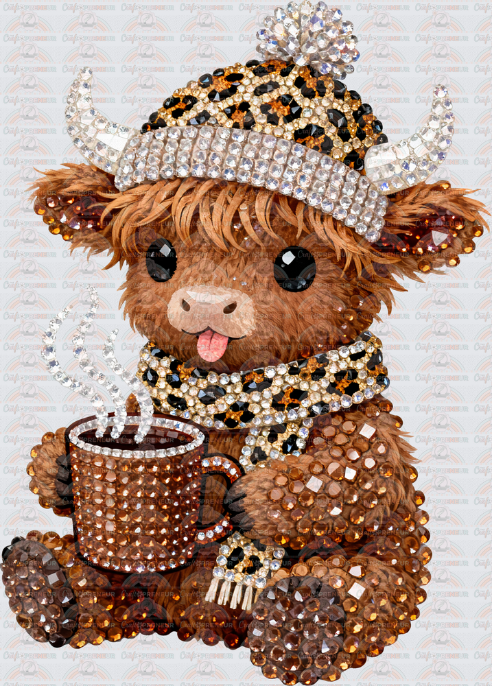 XMAS_Winter_Highland Cow_Faux Rhinestone_Gemostone_Coffee_Cheetah Print