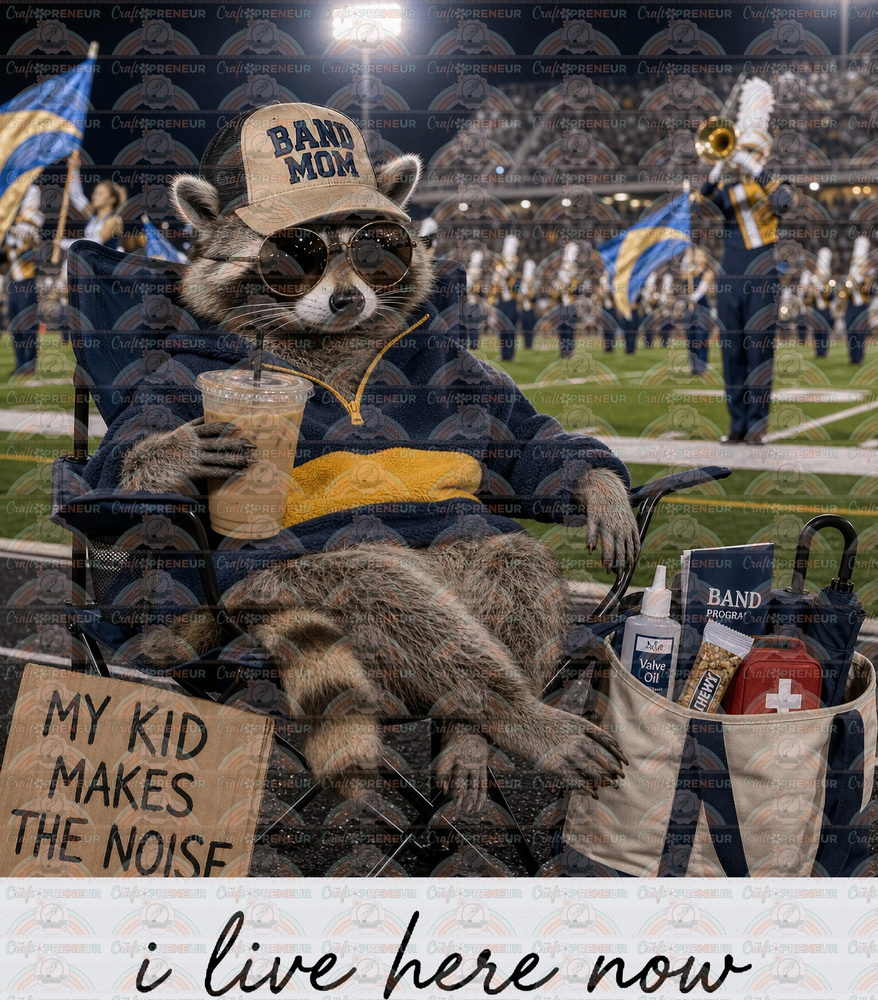 Sports_Band_Marching Band_Band Mom_Raccoon_I live Here Now_My Kid Makes the Noise_Black