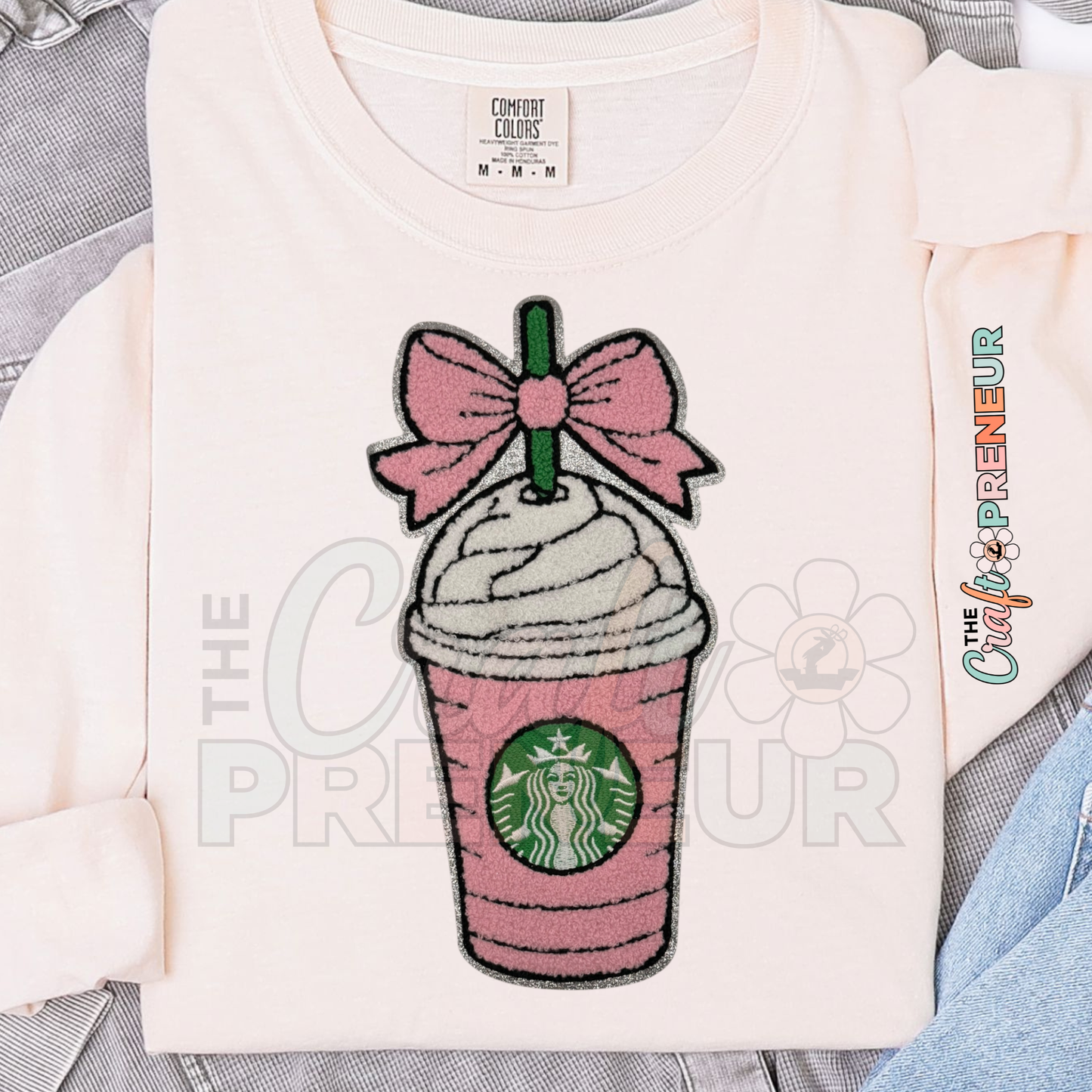 PATCH065 - Starbuck Pink Drink Coquette Bow Chenille Patch