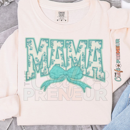 PATCH077 - BUNDLE! Mommy & Me Varsity Teal Chenille Sequin Bow Iron On Set