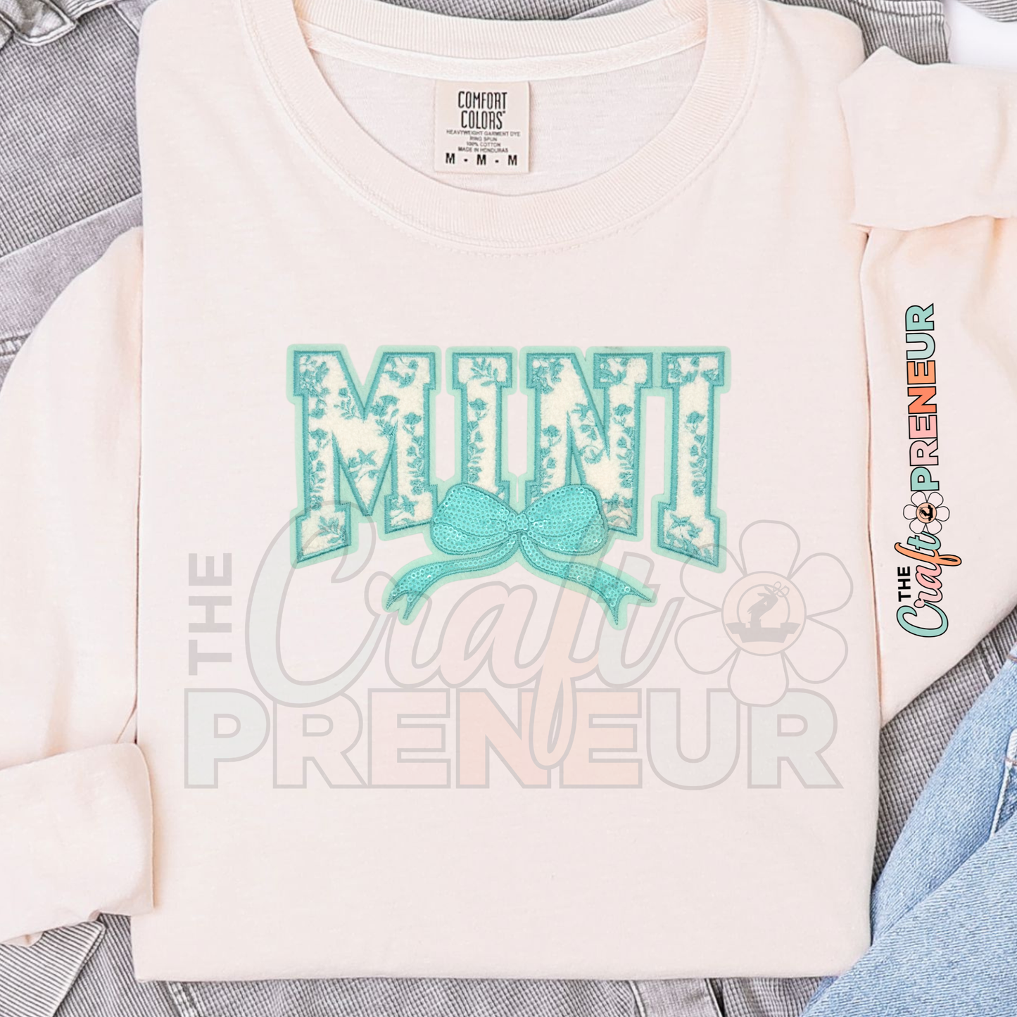 PATCH077 - BUNDLE! Mommy & Me Varsity Teal Chenille Sequin Bow Iron On Set