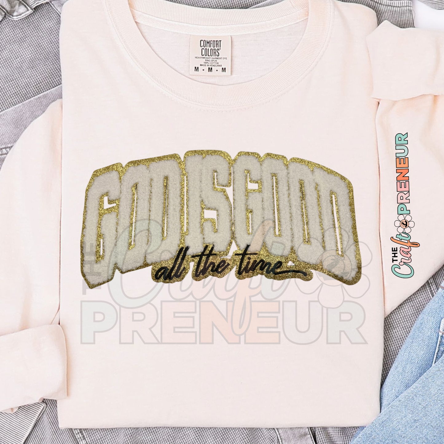 PATCH071 - God is Good Chenille Glitter Iron on Patch (White/Gold)