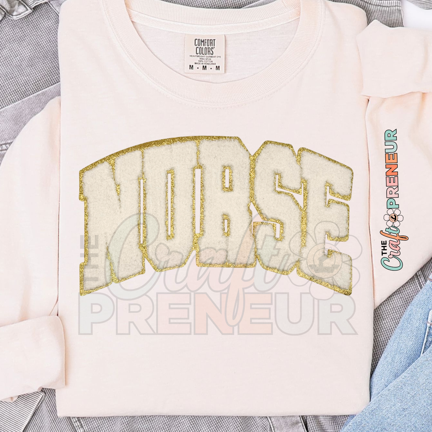 PATCH063 - Nurse Varsity White Chenille Gold Glitter Iron on Patch