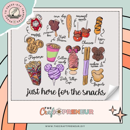 Cursive Just Here for the Snacks Transfer