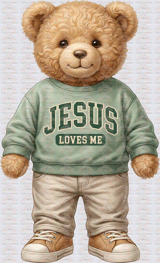 002_Faith_Teddy Bear_Crewneck_Watercolor Set_Jesus Loves Me_Varsity letters_Green