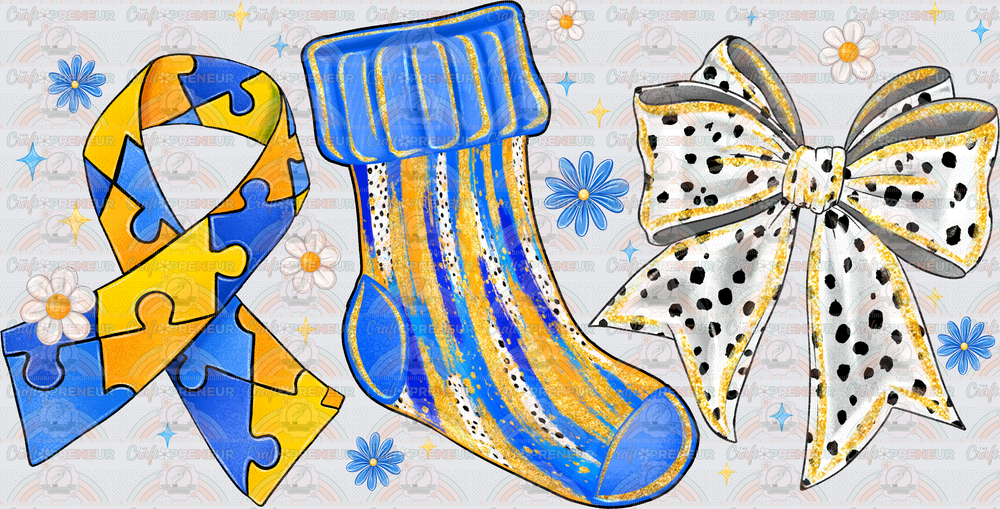 002_Causes_Down Syndrome_Awareness_Blue and Yellow_March Causes_Chromosomes_Ribbon Sock Bow