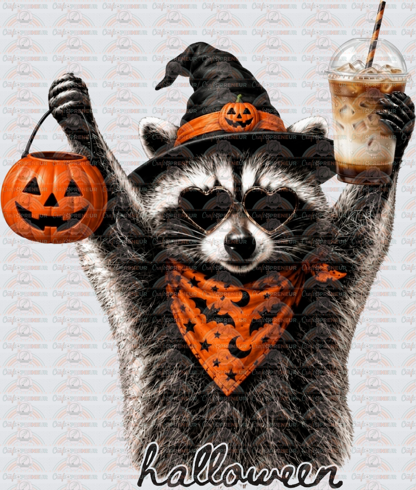 Halloween_Raccoon_Coffee_Jack o Lantern_Sunnies_Bandana_Hands Up_Black