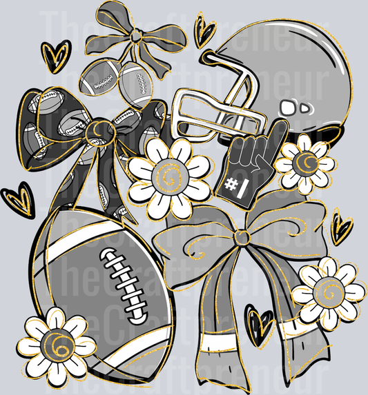 Black & Silver Football Team Pride Coquette Bow DTF Transfer