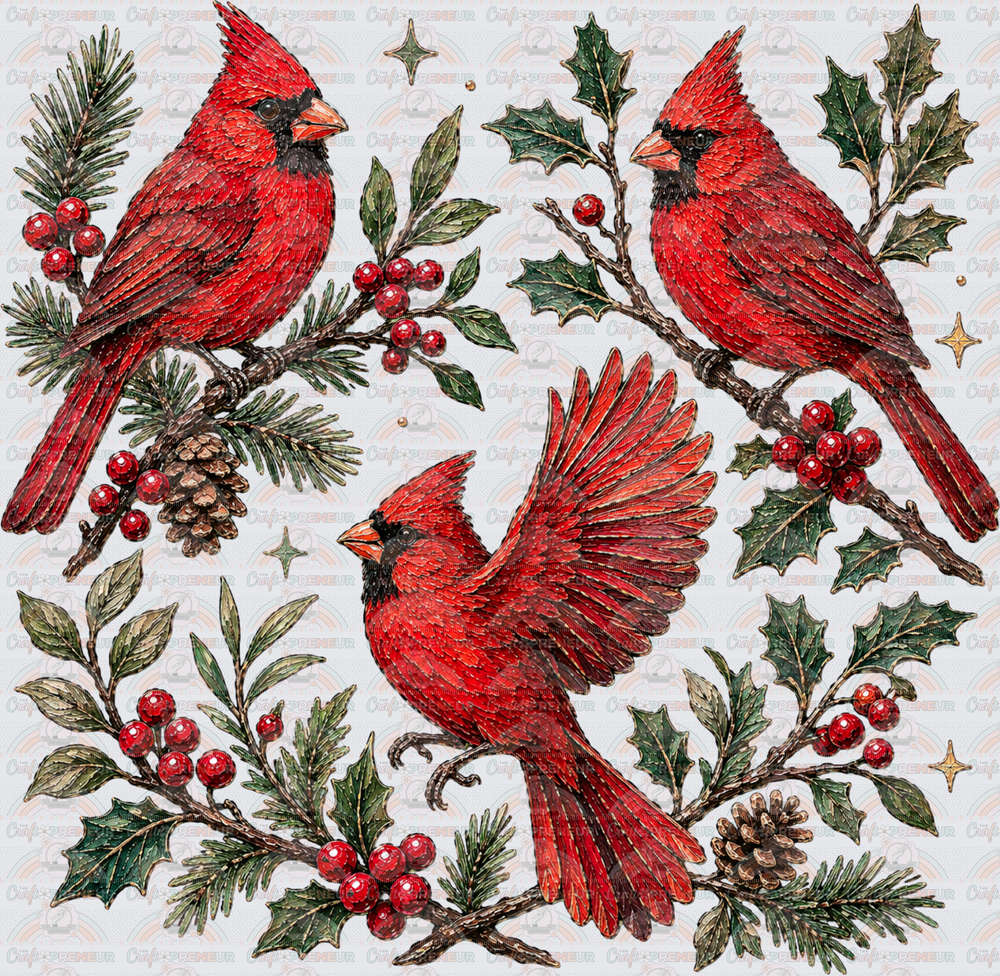 Animals_Birds_Cardinals_Holly_Evergreens_Trio_XMAS_Christmas_Winter