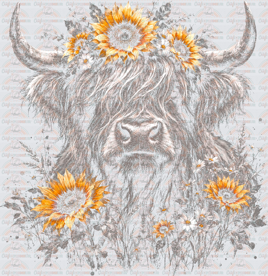 Animals_Farm Animals_Highland Cow_Sunflowers_Halftone