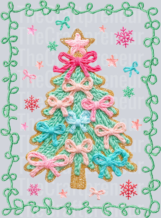 Faux Embroidery Pink Christmas Tree with Coquette Bows DTF Transfer