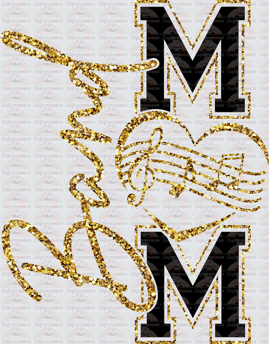 002_Sports_Marching Band_Band Mom_Varsity_Gold Glitter_Script_Back_Black