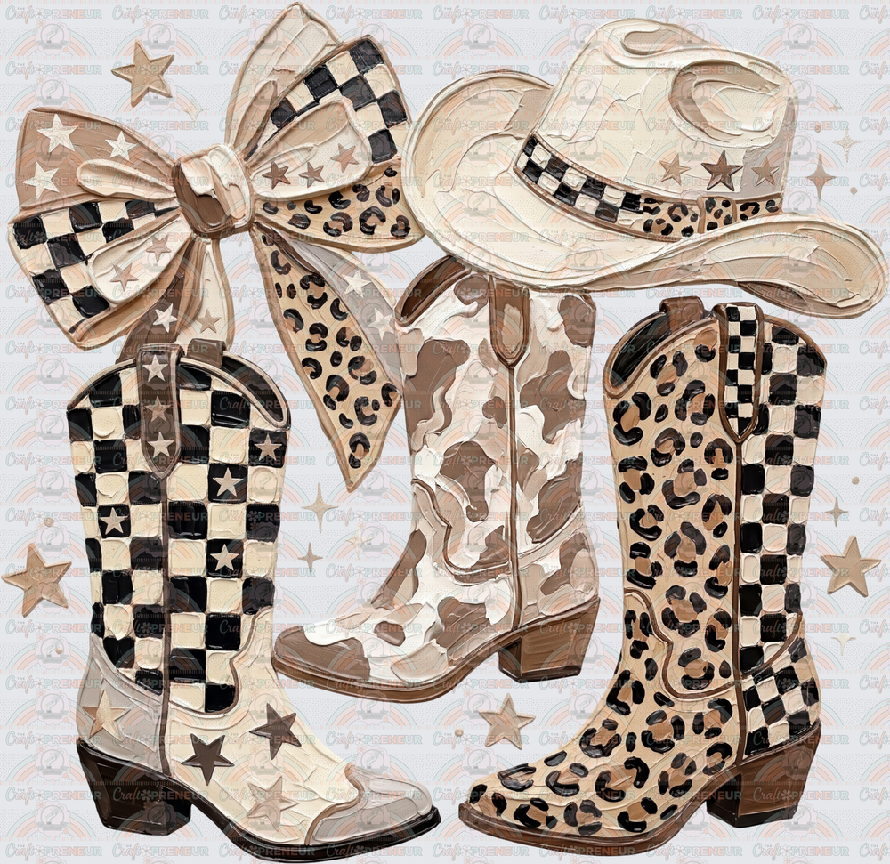 Western_BoHo_Cowboy Boot Trio_Faux Paint_Cowboy Hat_Cheetah_Camo_Checkered
