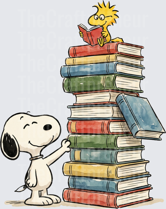Books_Snoopy_Peanuts_Woodstock_Teacher_Reading_Book Stack_Watercolor