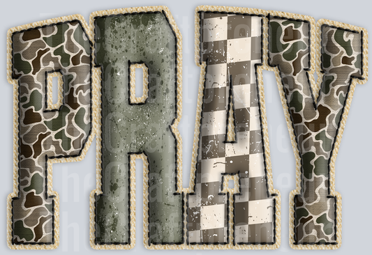 Camo Pray Faux Embroidery Varsity DTF Transfer