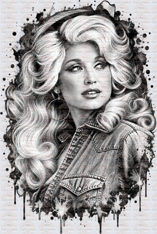 Music_Country Music_Dolly Parton_Face Drip_Black and White_Blowout