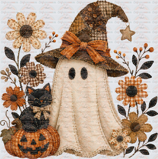 Fall_Ghost_Cats_Faux Embroidery_Patchwork_Jack o Lantern_Grannycore_Faux Fabric_Witch Hat