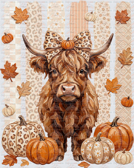 Animals_Cows_Highland Cow_Fall_Preppy_Faux Paint_Pumpkins_Bow_Girly_Autumn