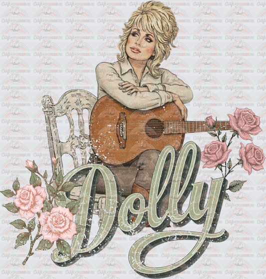 Music_Country Music_Dolly Parton_Chair_Florals_Script_Sage_Minimalist_Short Hair_Guitar_Distressed_Grunge