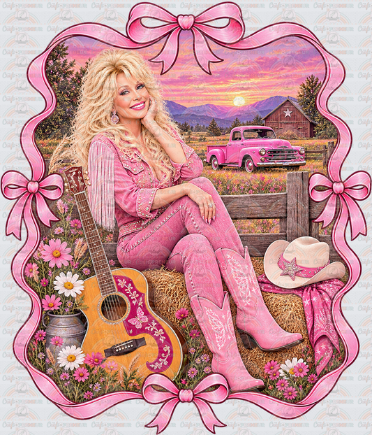 001_Music_Country Music_Dolly Parton_Pink Coquette Bow_Vintage Truck_Western Sunset Scene_Back