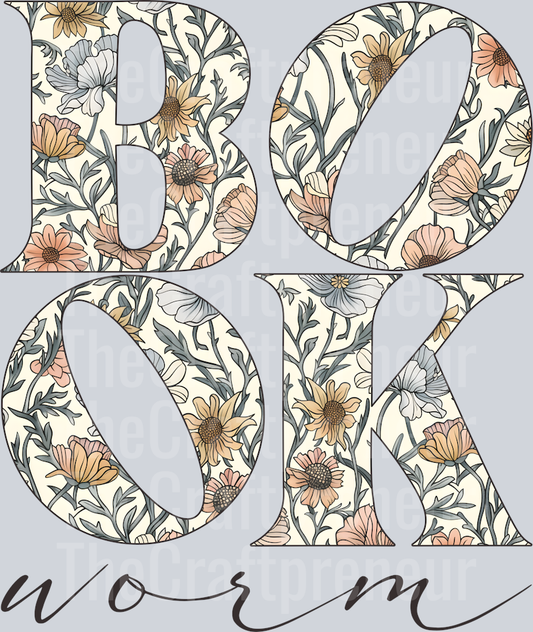 Book Worm Typography Vintage Florals (Black) DTF Transfer