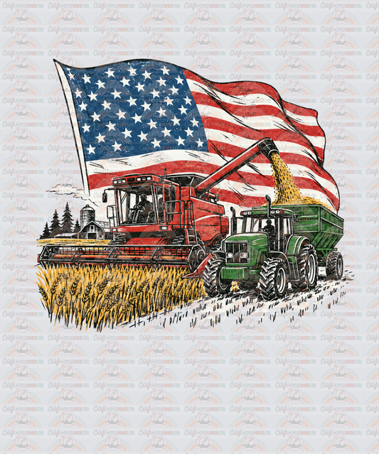 Farming_Tractor_Combine Harvest_Iternational Tractor_Red_America_Patriotoic_Fly Over States_Western_Farm_Corn_Wheat_Color