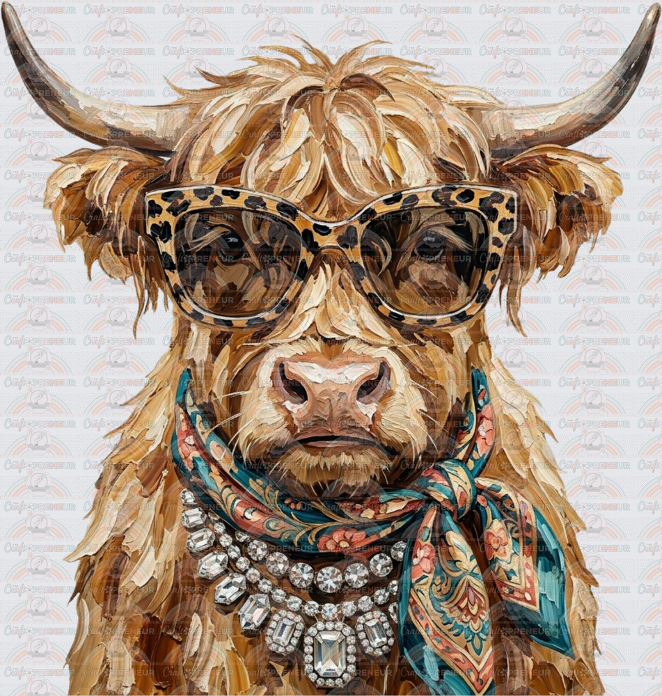 Animals_Cows_Highland Cow_Faux Paint_Glam_Sunnies_Scarf_Diamond Necklace