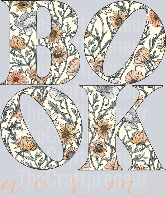 Book Worm Typography Vintage Florals (Pink) DTF Transfer