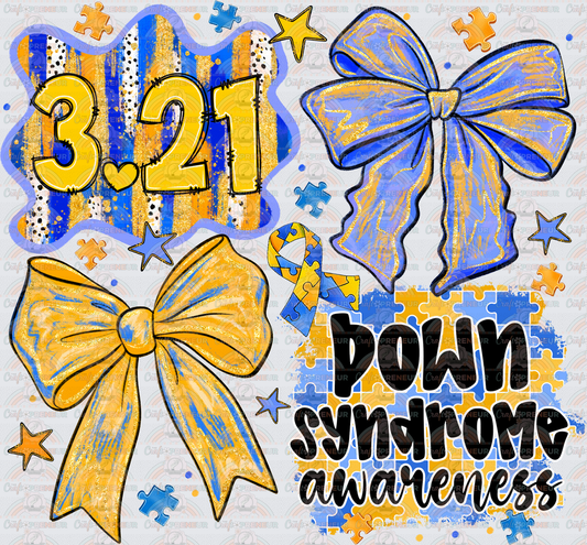 002_Causes_Down Syndrome_Awareness_Blue and Yellow_March Causes_Chromosomes_3.21 Coquette Bow_Brush Stroke_Black