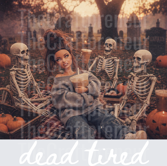 Halloween_Ratchet Barbie_Spooky Season_Graveyard_Dead Tired_Skeletons_Dead_Gravestone_Iced Coffee_Pumpkins_Fall_Sarcasm_Brunette_White