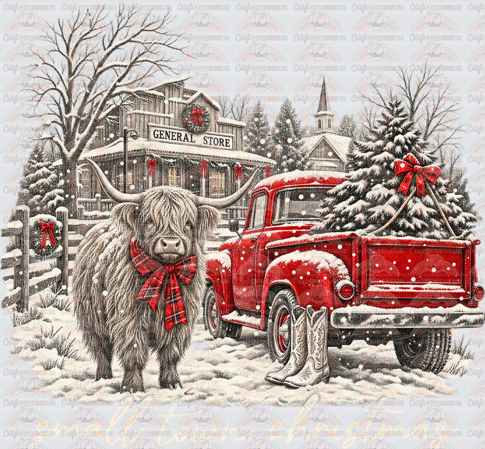 XMAS_Red Truck_Highland Cow_Small Town Christmas_Snow_Winter_Christmas Tree_White