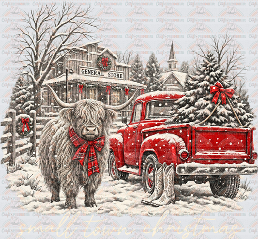 XMAS_Red Truck_Highland Cow_Small Town Christmas_Snow_Winter_Christmas Tree_White