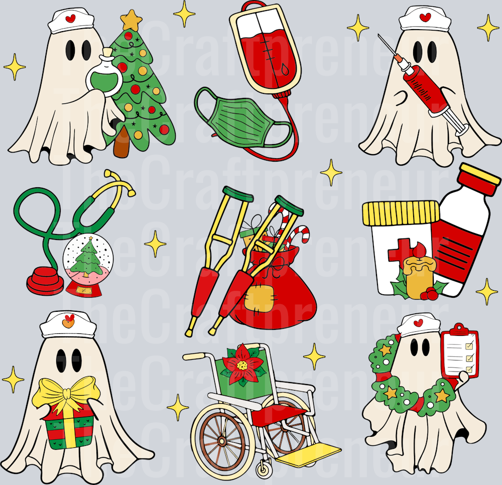 Christmas Nurse Icons Grid with Ghosts DTF Transfer