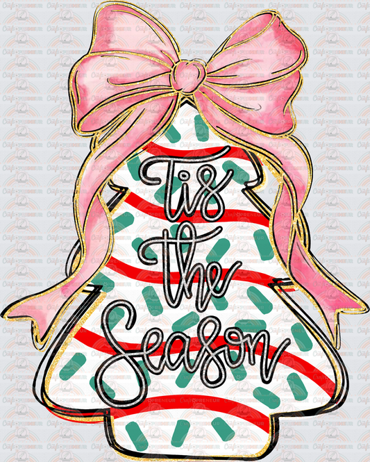 XMAS_Christmas Tree Cake_Tis the Season_Coquette Bow_Pink Christmas-Girly_Watercolor_Faux Glitter