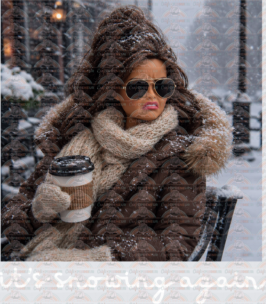 Seasonal_Winter_Ratchet Barbie_Snowing Again_Brunette_Coffee_Snow_Weather_Sunnies_Puffer Coat_Scarf_White