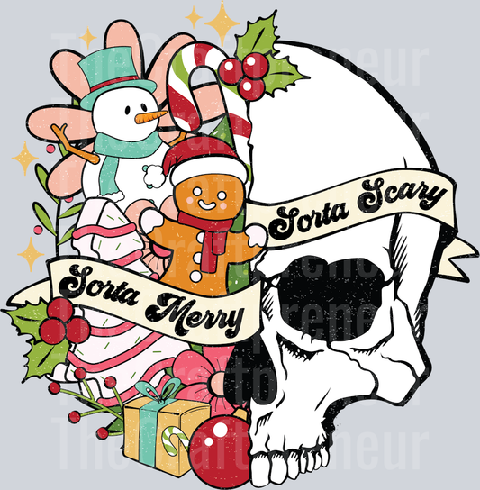 Sorta Merry Sorta Scary Skeleton Skull DTF Transfer