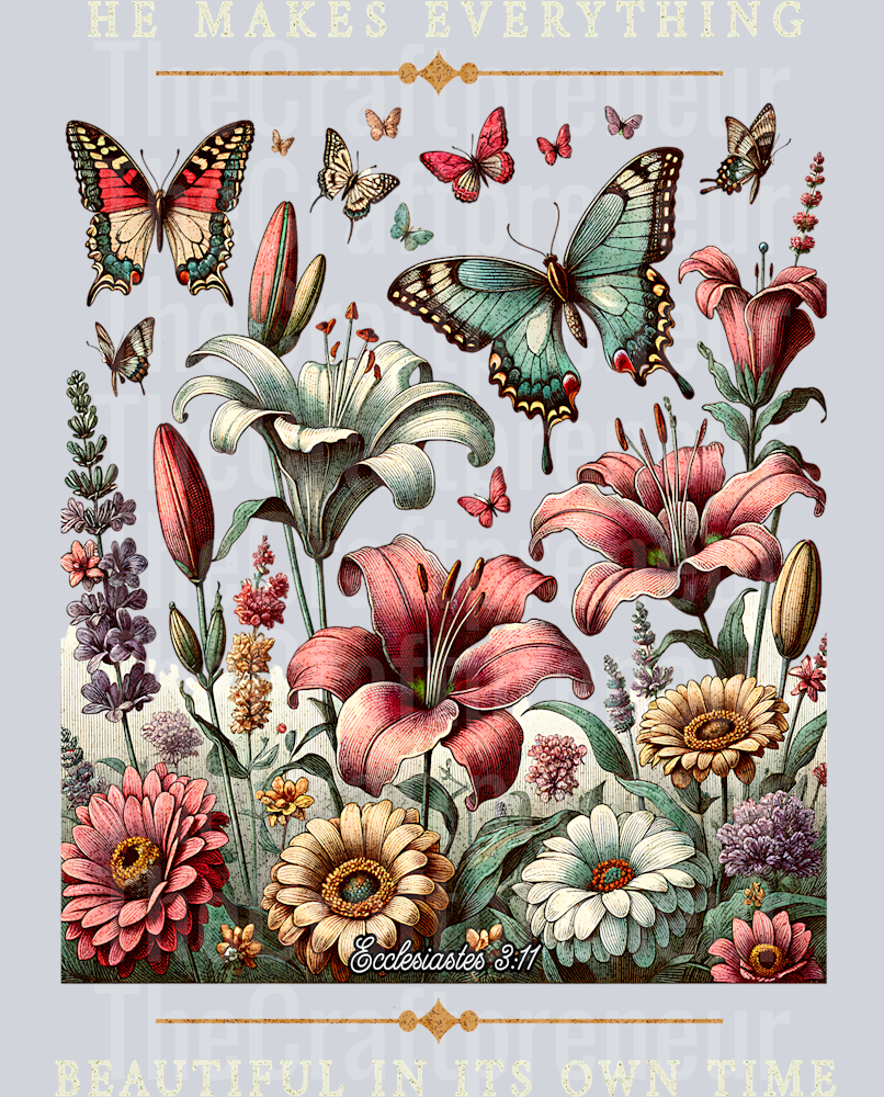 (Set!) Beautiful in His Time Floral Butterfly Faith DTF Transfer (Back, White)
