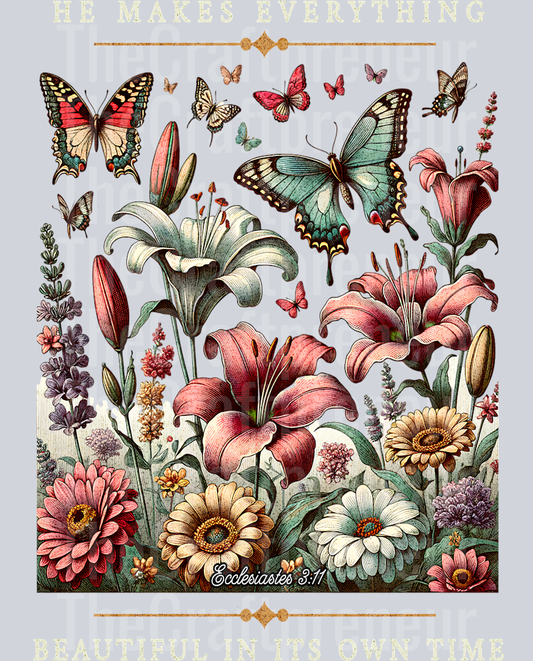 (Set!) Beautiful in His Time Floral Butterfly Faith DTF Transfer (Back, White)